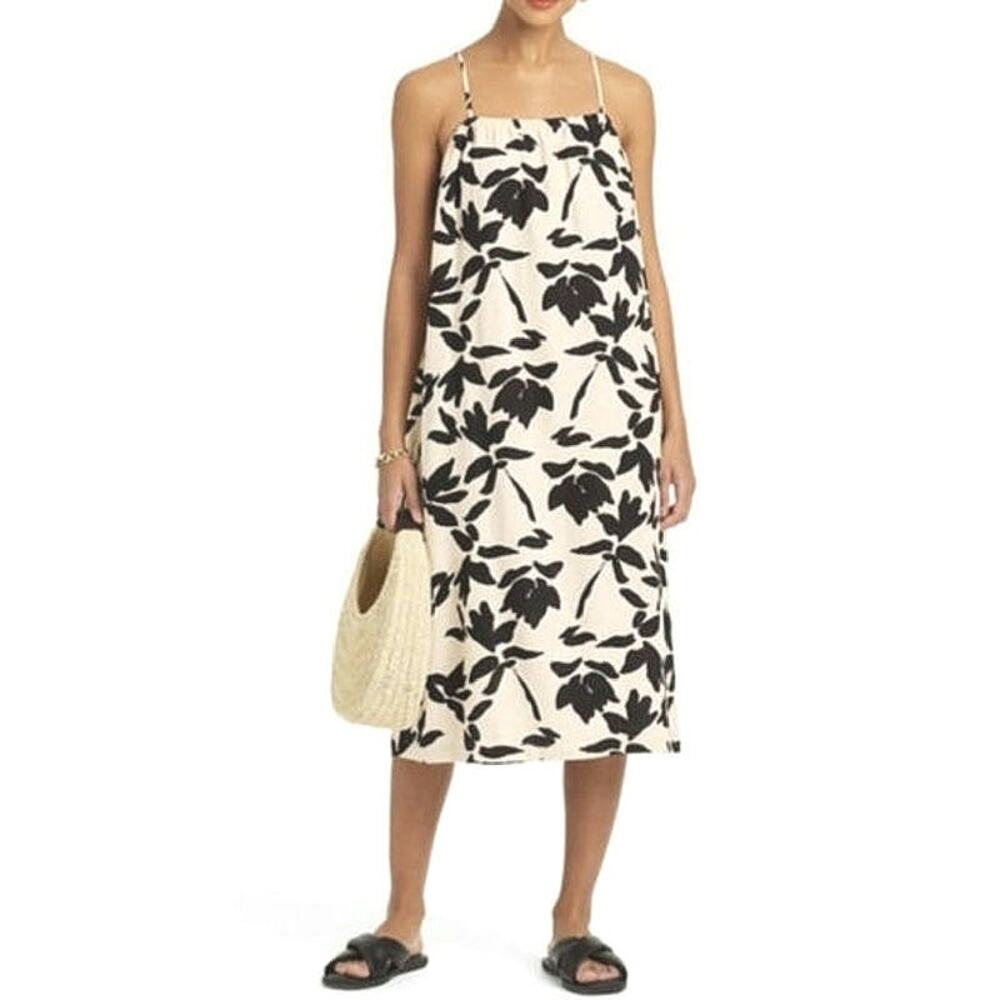 A New Day Linen Blend Floral Midi Dress Relaxed Sleeveless Black Cream Boho M
